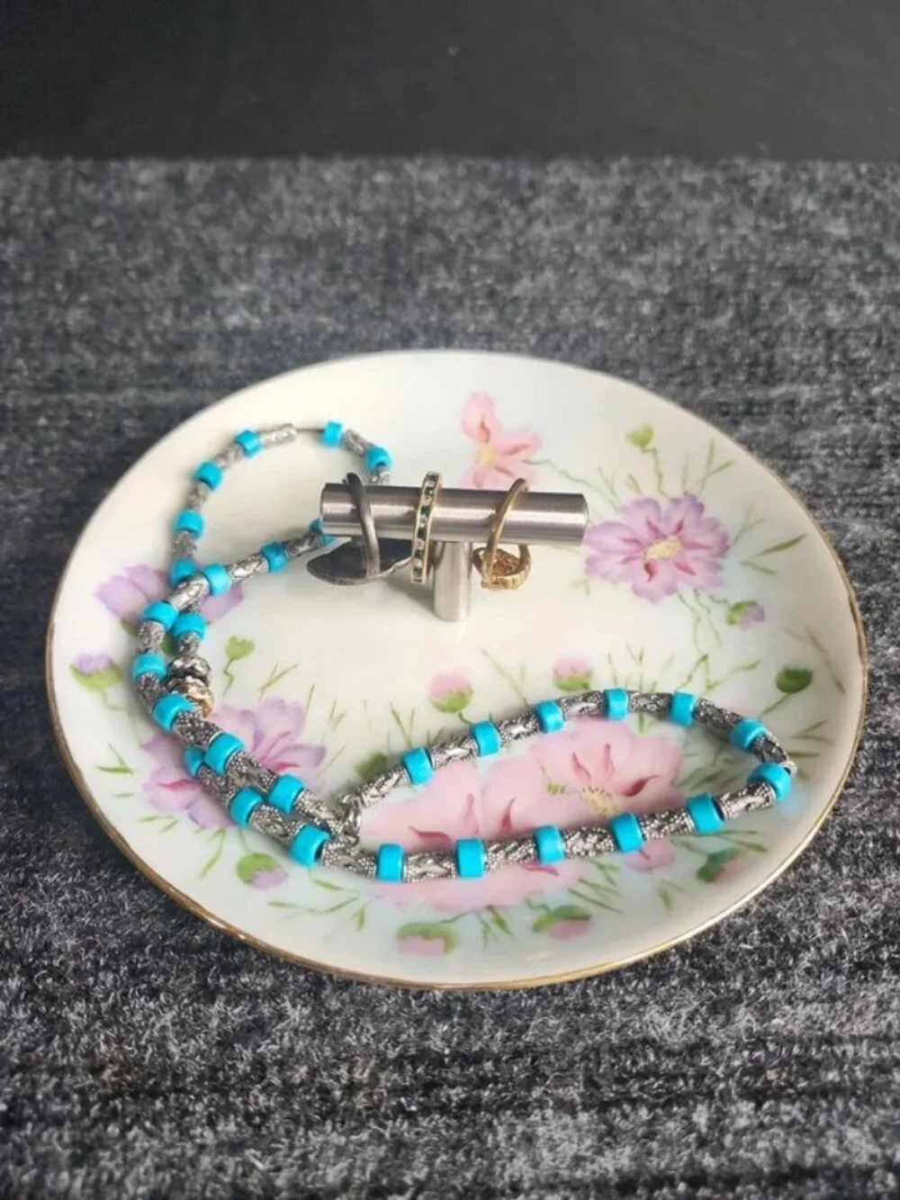 Vintage Hutschenreuther Upcycled Floral Porcelain Ring Dish & Jewelry Holder Bar